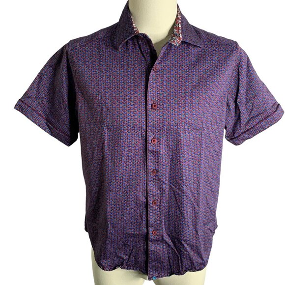 Robert Graham Button Up Short Sleeve Shirt S Purple Geometric Skulls Embroidery - Picture 1 of 8